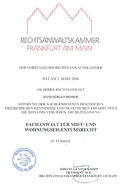 Hans-Jürgen Binder, Darmstadt. Rechtsanwalt und seit 2006 Fachanwalt für Miet- und Wohnungseigentumsrecht